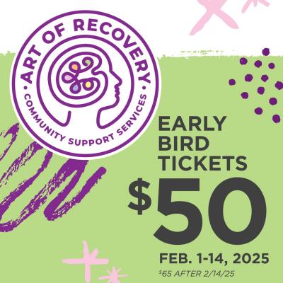 Purple Art of Recovery logo on a green background announcing $50 tickets